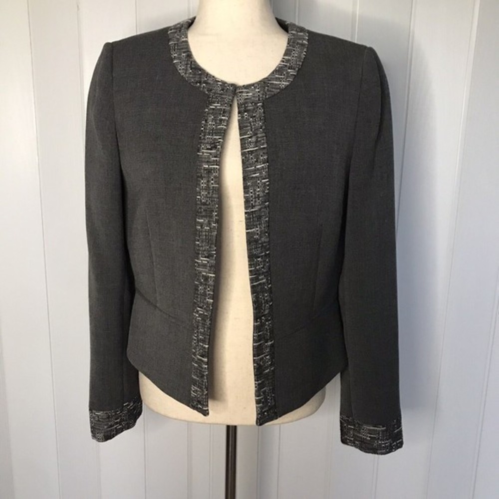 Tahari Arthur S. Levine Size‎ 8 Gray w/ Gray Multi Trim Jacket Long Sleeve